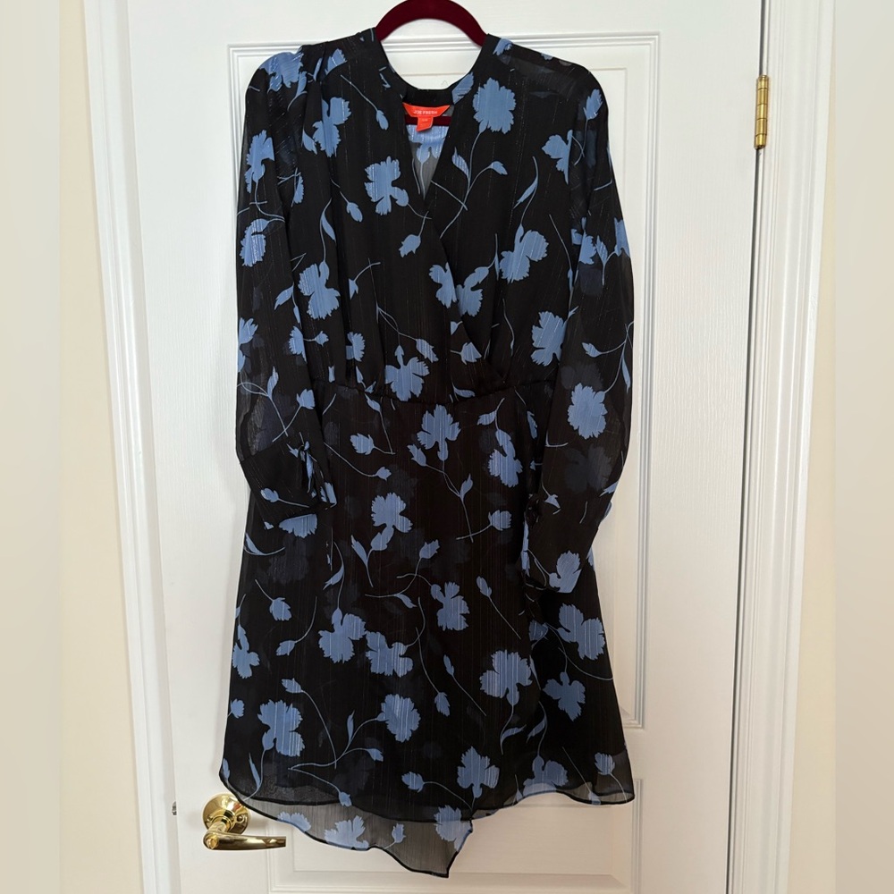 Joe Fresh Black Dress with Blue Floral Design with sliver threads. Lined.